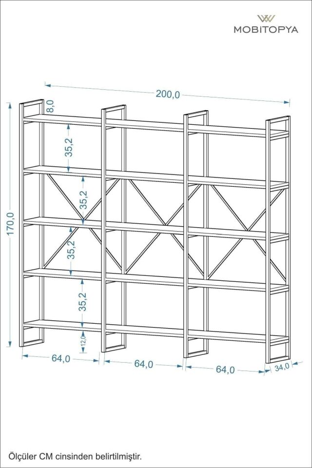 Mobitopya Nilamu 200 Cm Kitaplık | Metal Gövde. Açık Raflı Organizer Ve Düzenleyici Beyaz - Siyah Demir