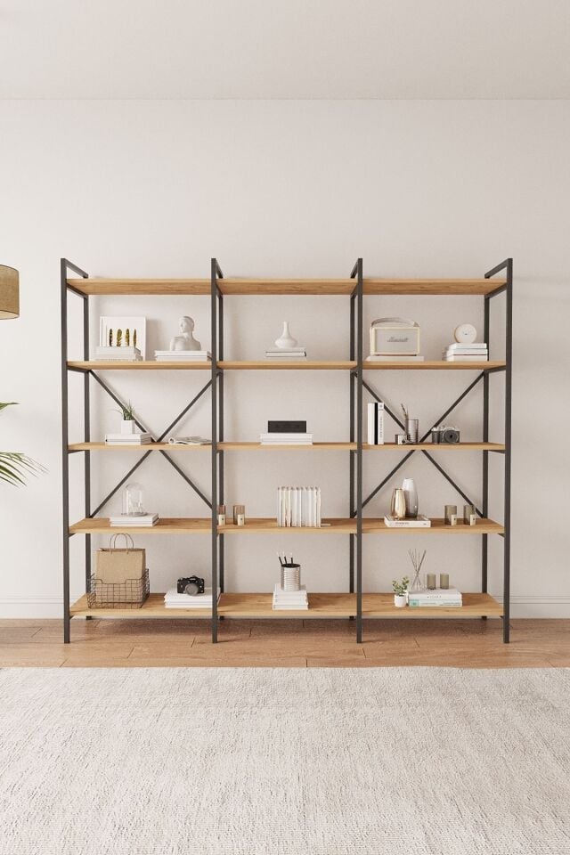 Mobitopya Nilamu 200 Cm Kitaplık | Metal Gövde. Açık Raflı Organizer Ve Düzenleyici Atlantik Çam - Siyah Demir