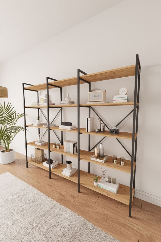 Mobitopya Nilamu 200 Cm Kitaplık | Metal Gövde. Açık Raflı Organizer Ve Düzenleyici Atlantik Çam - Siyah Demir