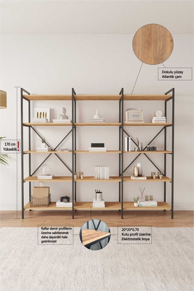 Mobitopya Nilamu 200 Cm Kitaplık | Metal Gövde. Açık Raflı Organizer Ve Düzenleyici Atlantik Çam - Siyah Demir