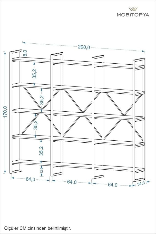 Mobitopya Nilamu 200 Cm Kitaplık | Metal Gövde. Açık Raflı Organizer Ve Düzenleyici Atlantik Çam - Siyah Demir