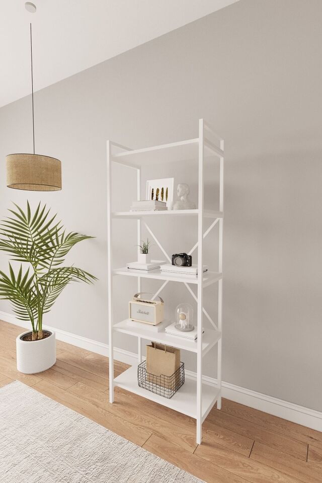 Nilamu 65 cm Metal Aksamlı Kitaplık | Ofis & Ev İçin Dekoratif Organizer Raf Sistemi 65x170x34 Cm Beyaz