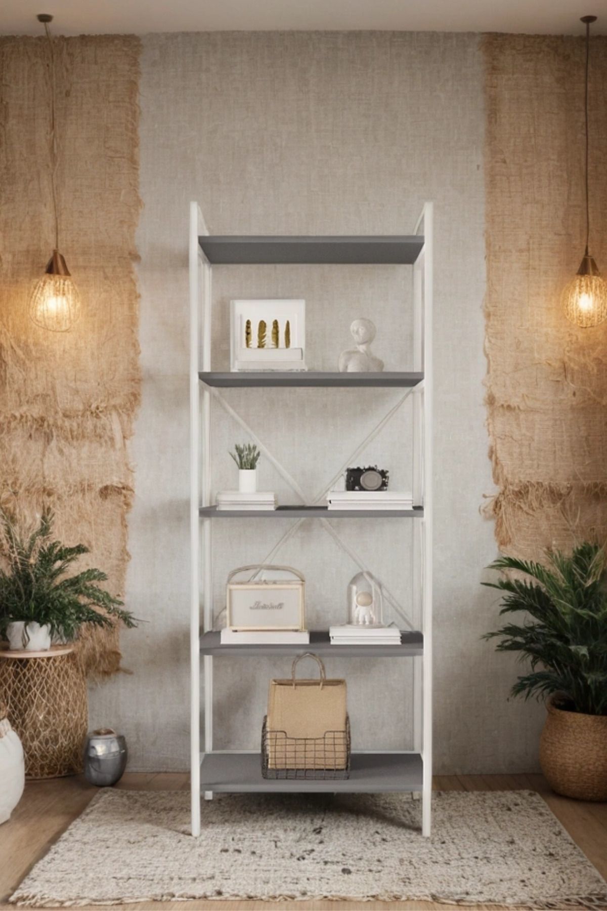 Mobitopya Nilamu 65 cm Metal Aksamlı Kitaplık | Ofis & Ev İçin Dekoratif Organizer Raf Sistemi 65x170x34 Cm Antrasit - Beyaz Demir