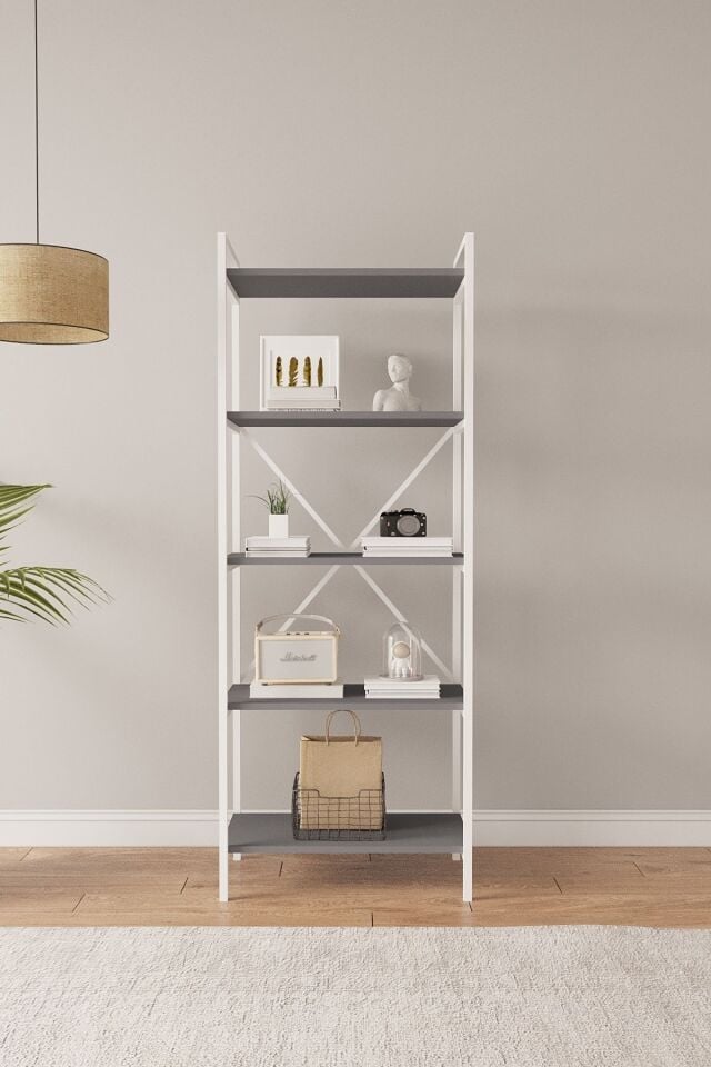 Mobitopya Nilamu 65 cm Metal Aksamlı Kitaplık | Ofis & Ev İçin Dekoratif Organizer Raf Sistemi 65x170x34 Cm Antrasit - Beyaz Demir