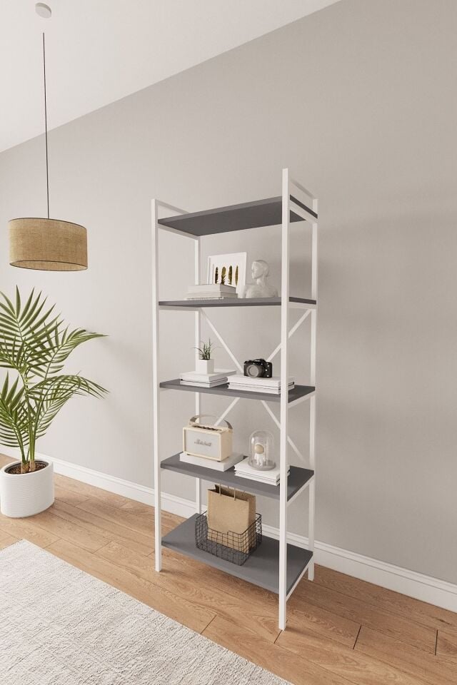Nilamu 65 cm Metal Aksamlı Kitaplık | Ofis & Ev İçin Dekoratif Organizer Raf Sistemi 65x170x34 Cm Antrasit