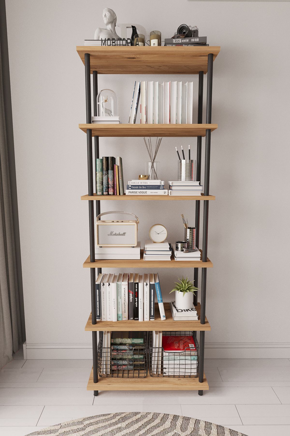 Nilamu 65 cm Metal Aksamlı Kitaplık | Ofis & Ev İçin Dekoratif Organizer Raf Sistemi 65x170x34 Cm Çam