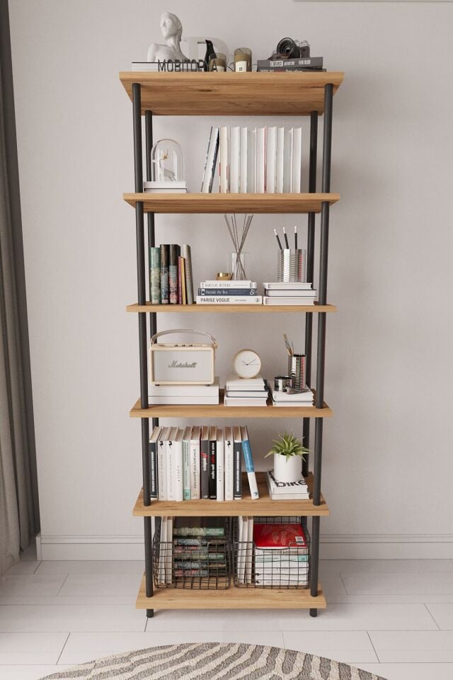 Nilamu 65 cm Metal Aksamlı Kitaplık | Ofis & Ev İçin Dekoratif Organizer Raf Sistemi 65x170x34 Cm Çam