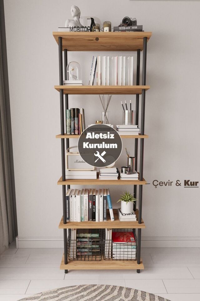 Nilamu 65 cm Metal Aksamlı Kitaplık | Ofis & Ev İçin Dekoratif Organizer Raf Sistemi 65x170x34 Cm Çam
