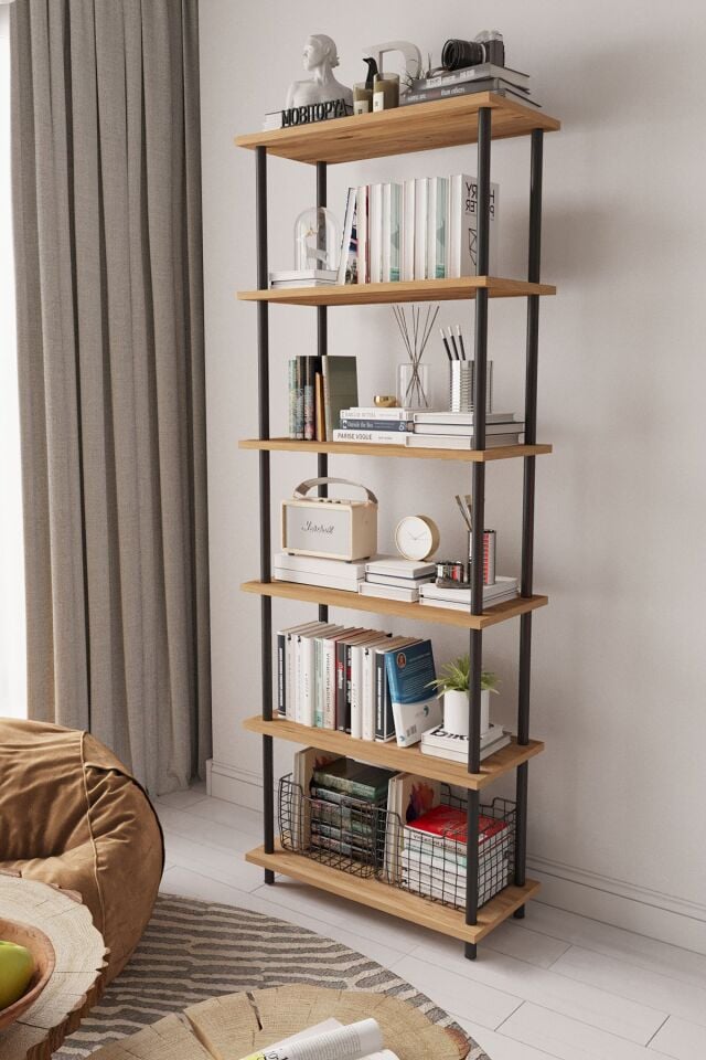 Nilamu 65 cm Metal Aksamlı Kitaplık | Ofis & Ev İçin Dekoratif Organizer Raf Sistemi 65x170x34 Cm Çam