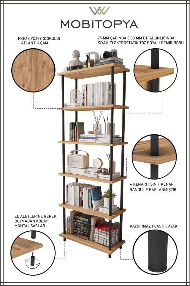 Nilamu 65 cm Metal Aksamlı Kitaplık | Ofis & Ev İçin Dekoratif Organizer Raf Sistemi 65x170x34 Cm Çam