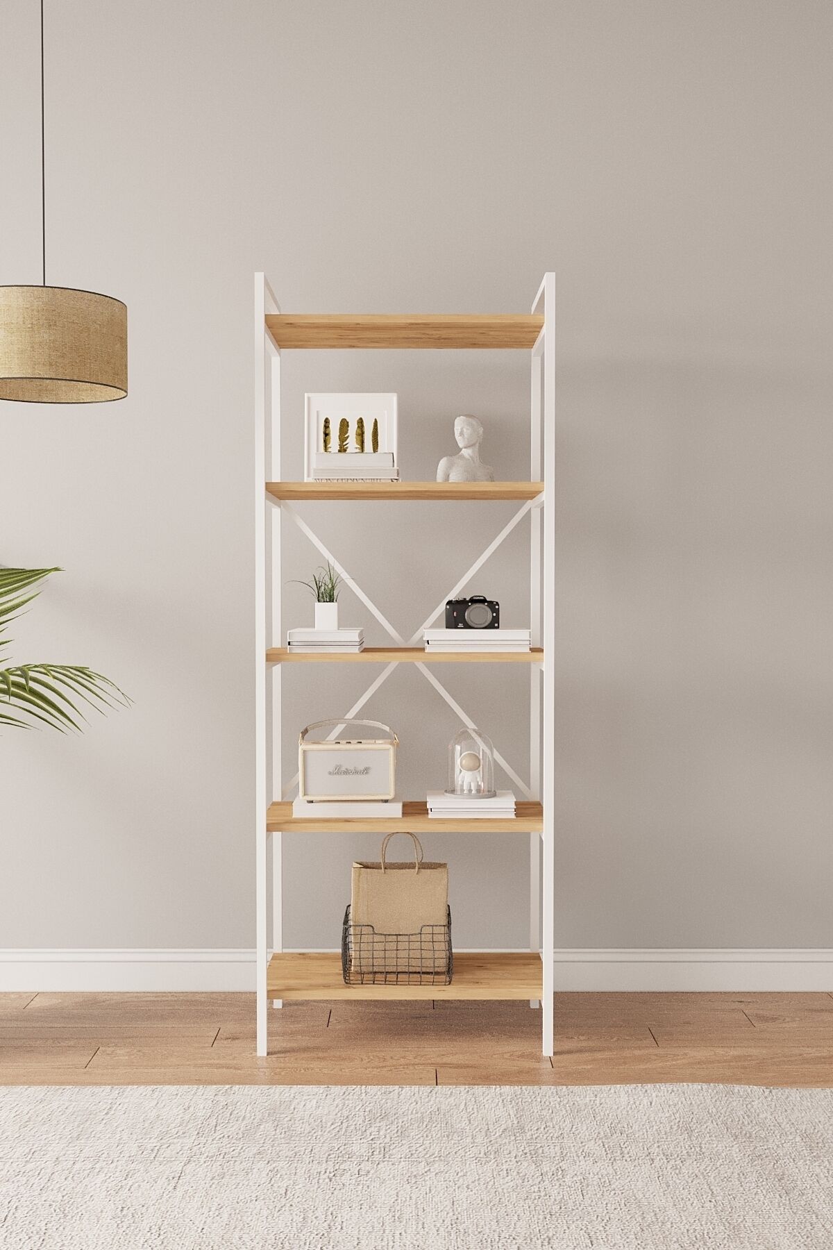 Mobitopya Nilamu 65 cm Metal Aksamlı Kitaplık | Ofis & Ev İçin Dekoratif Organizer Raf Sistemi 65x170x34 Cm Atlantik Çam - Beyaz Demir