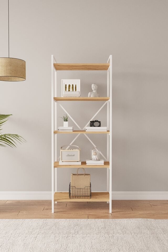 Mobitopya Nilamu 65 cm Metal Aksamlı Kitaplık | Ofis & Ev İçin Dekoratif Organizer Raf Sistemi 65x170x34 Cm Atlantik Çam - Beyaz Demir