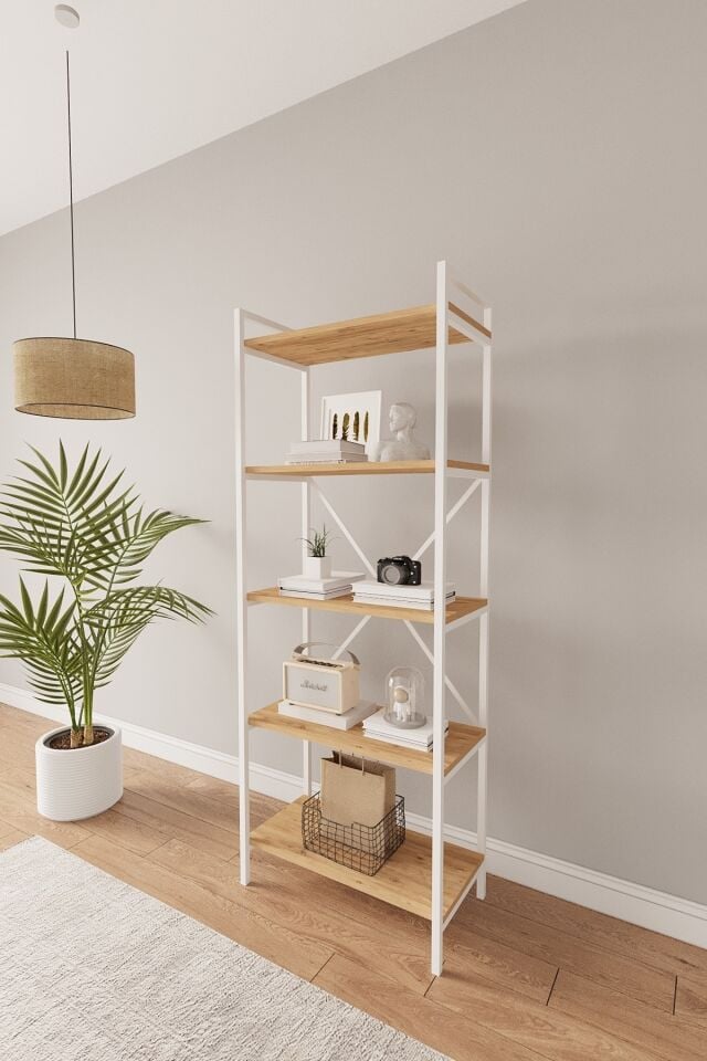 Mobitopya Nilamu 65 cm Metal Aksamlı Kitaplık | Ofis & Ev İçin Dekoratif Organizer Raf Sistemi 65x170x34 Cm Atlantik Çam - Beyaz Demir