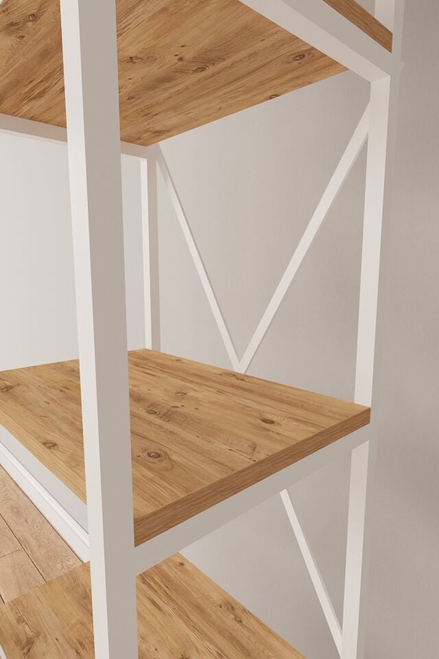 Mobitopya Nilamu 65 cm Metal Aksamlı Kitaplık | Ofis & Ev İçin Dekoratif Organizer Raf Sistemi 65x170x34 Cm Atlantik Çam - Beyaz Demir