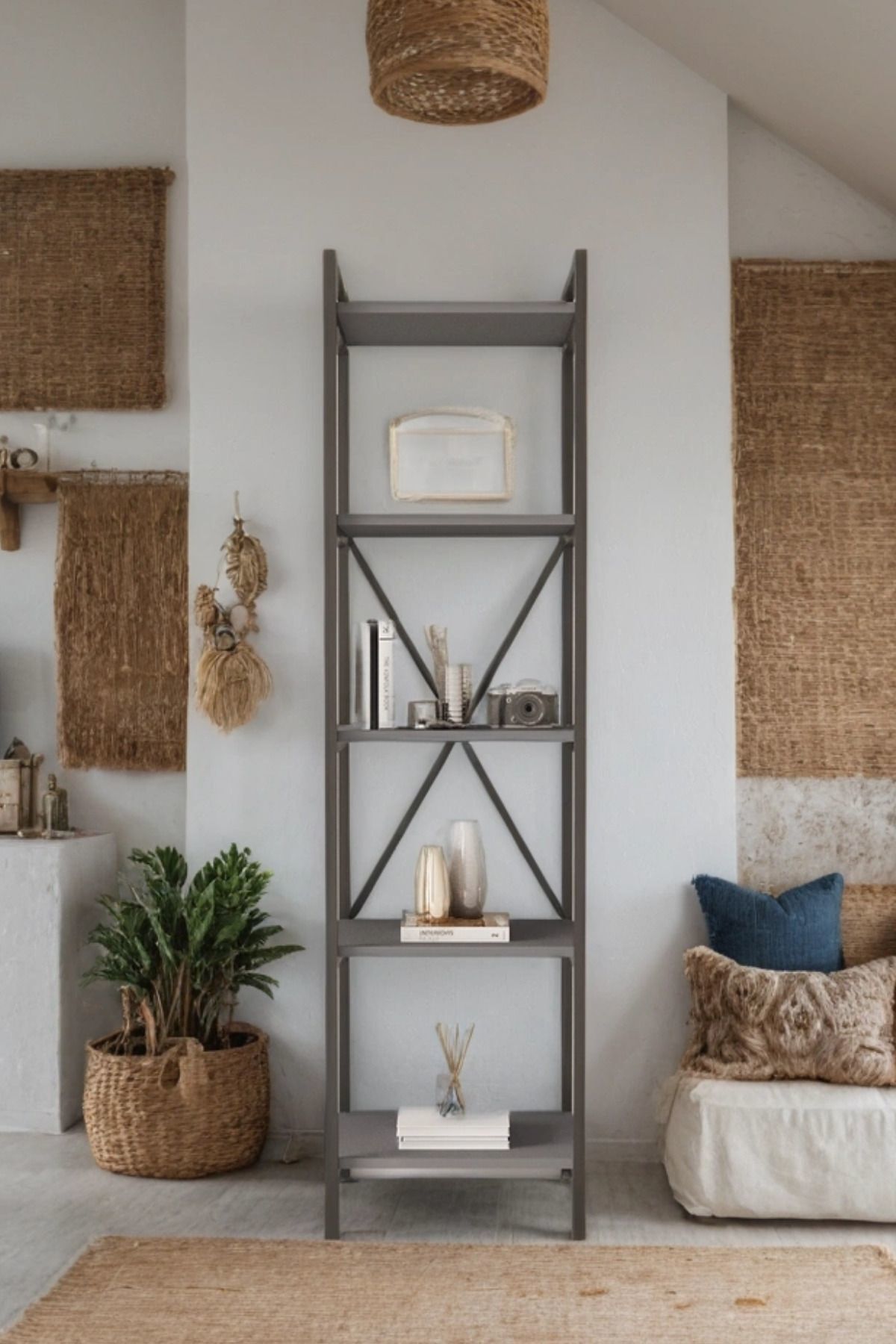 Mobitopya Nilamu 45 cm Metal Aksamlı Kitaplık | Ofis & Ev İçin Dekoratif Organizer Raf Sistemi 45x170x34 cm Antrasit - Siyah Demir