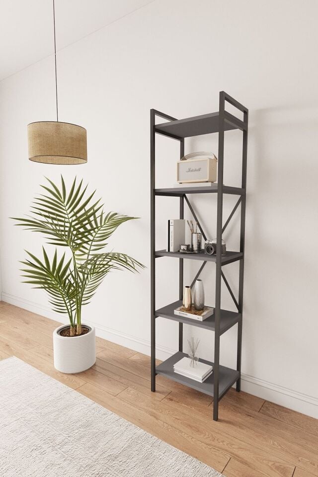 Mobitopya Nilamu 45 cm Metal Aksamlı Kitaplık | Ofis & Ev İçin Dekoratif Organizer Raf Sistemi 45x170x34 cm Antrasit - Siyah Demir