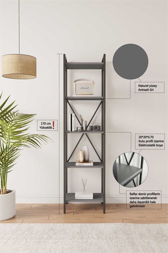 Mobitopya Nilamu 45 cm Metal Aksamlı Kitaplık | Ofis & Ev İçin Dekoratif Organizer Raf Sistemi 45x170x34 cm Antrasit - Siyah Demir