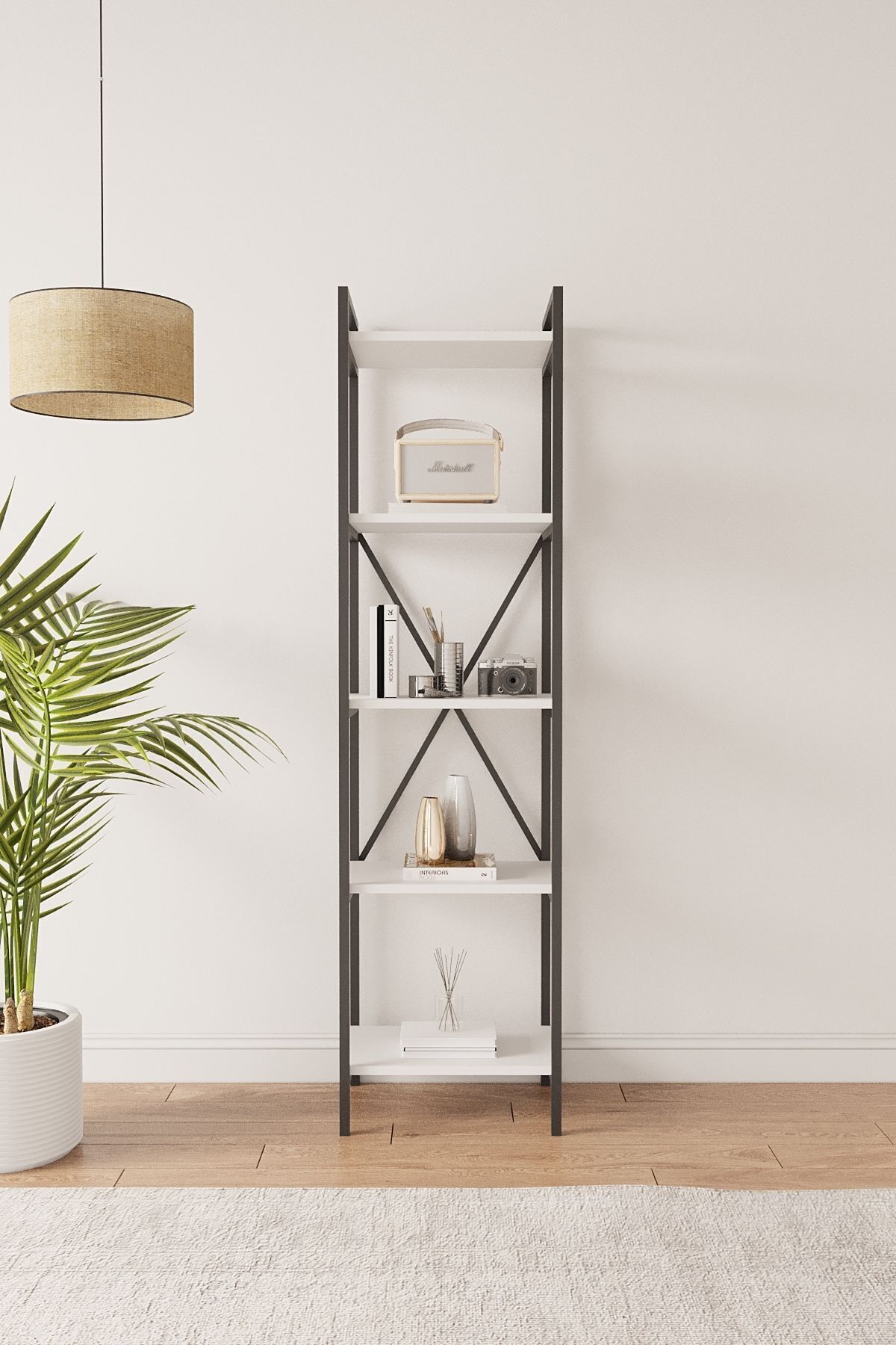 Mobitopya Nilamu 45 cm Metal Aksamlı Kitaplık | Ofis & Ev İçin Dekoratif Organizer Raf Sistemi 45x170x34 cm Beyaz - Siyah Demir