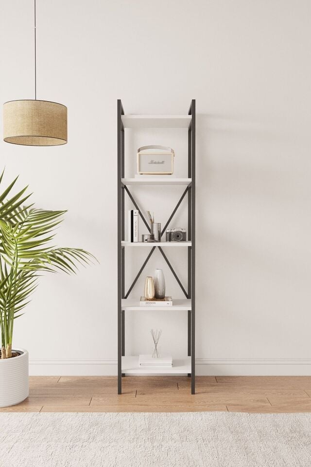 Mobitopya Nilamu 45 cm Metal Aksamlı Kitaplık | Ofis & Ev İçin Dekoratif Organizer Raf Sistemi 45x170x34 cm Beyaz - Siyah Demir