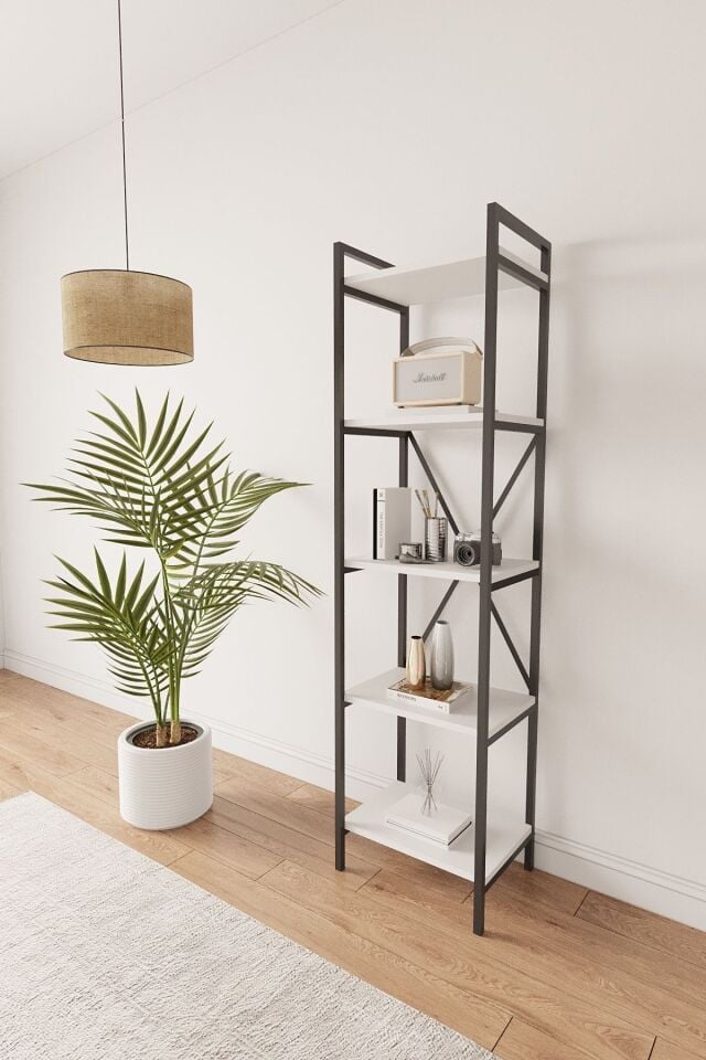 Mobitopya Nilamu 45 cm Metal Aksamlı Kitaplık | Ofis & Ev İçin Dekoratif Organizer Raf Sistemi 45x170x34 cm Beyaz - Siyah Demir