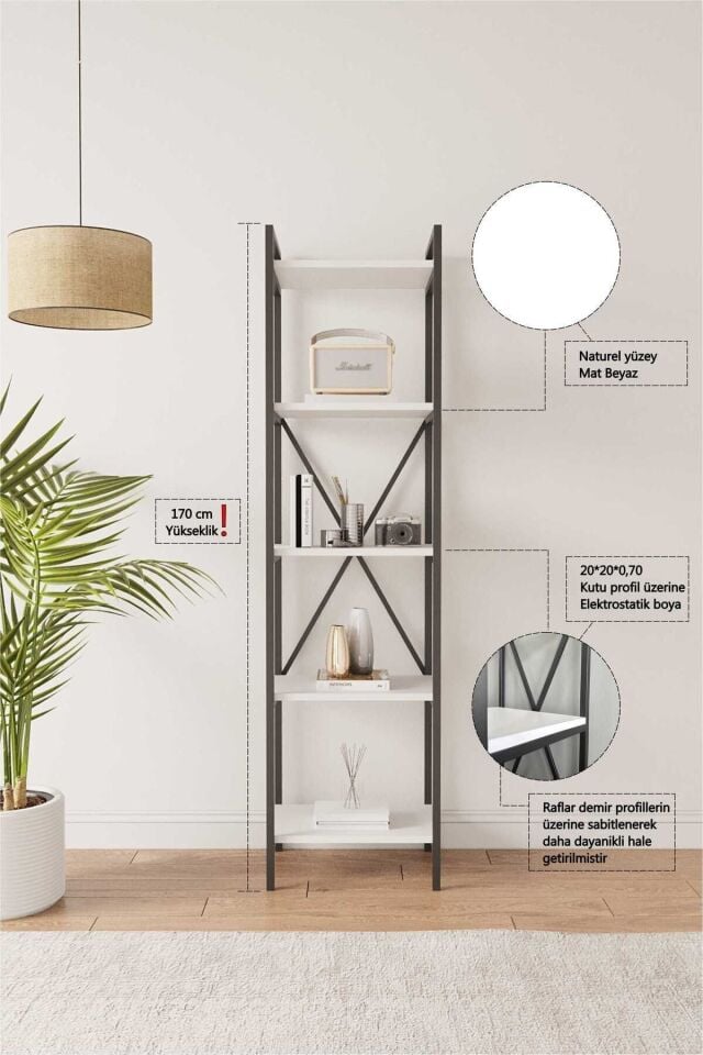 Mobitopya Nilamu 45 cm Metal Aksamlı Kitaplık | Ofis & Ev İçin Dekoratif Organizer Raf Sistemi 45x170x34 cm Beyaz - Siyah Demir