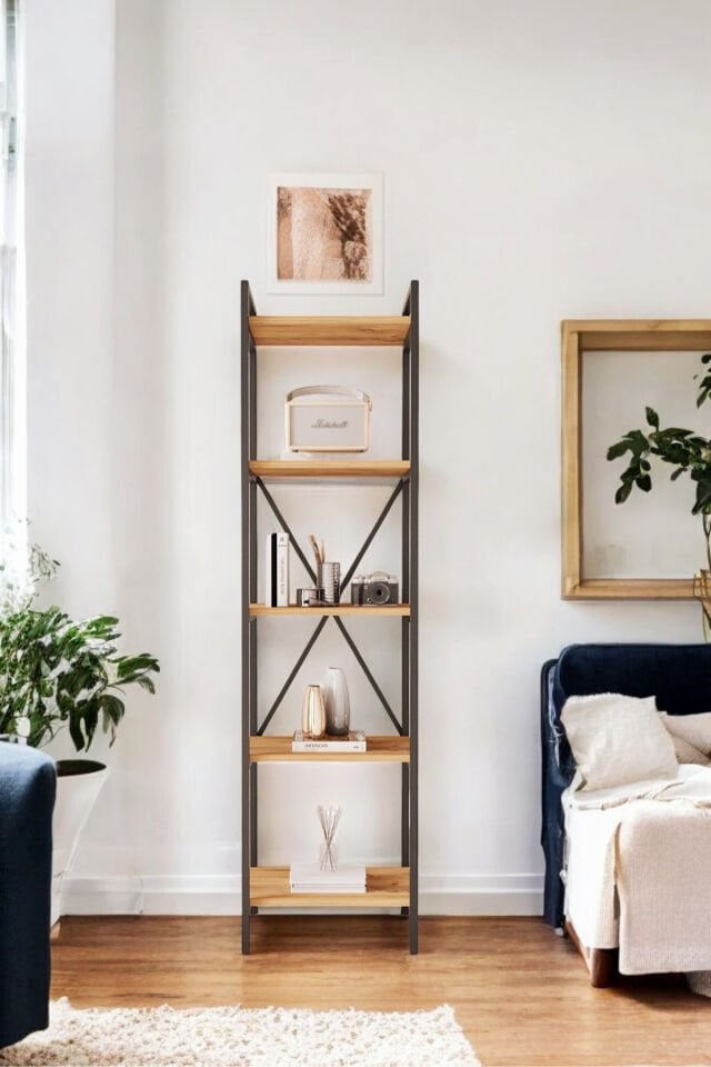 Mobitopya Nilamu 45 cm Metal Aksamlı Kitaplık | Ofis & Ev İçin Dekoratif Organizer Raf Sistemi 45x170x34 cm Atlantik Çam - Siyah Demir