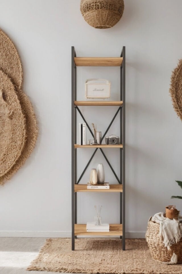 Mobitopya Nilamu 45 cm Metal Aksamlı Kitaplık | Ofis & Ev İçin Dekoratif Organizer Raf Sistemi 45x170x34 cm Atlantik Çam - Siyah Demir