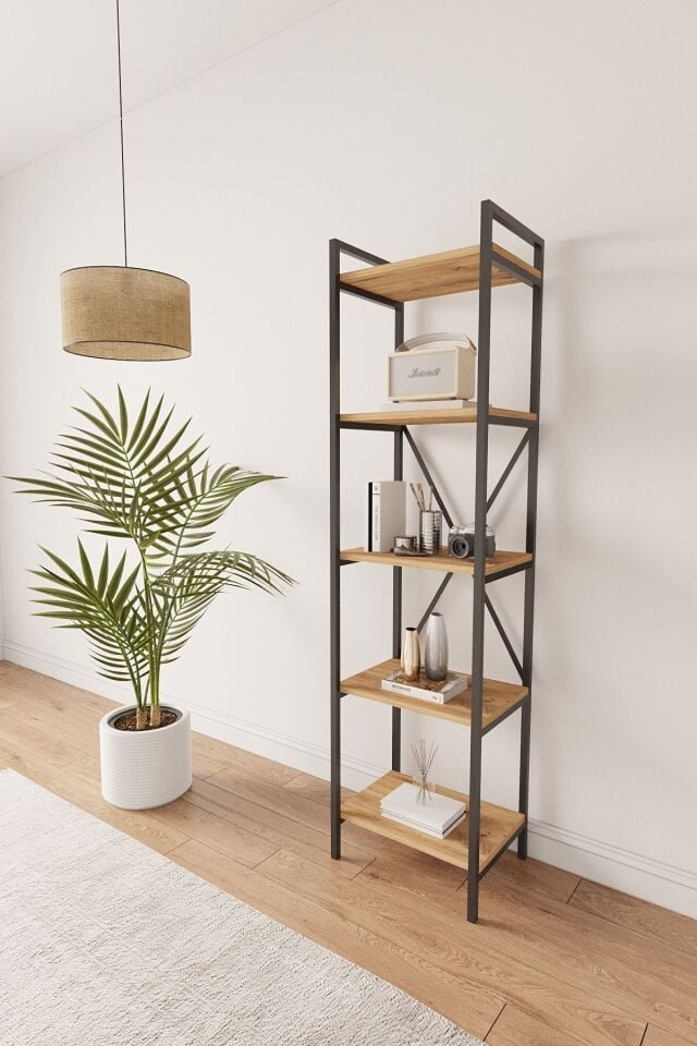 Mobitopya Nilamu 45 cm Metal Aksamlı Kitaplık | Ofis & Ev İçin Dekoratif Organizer Raf Sistemi 45x170x34 cm Atlantik Çam - Siyah Demir