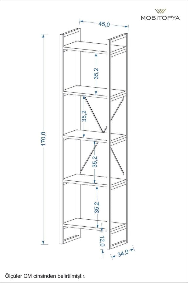 Mobitopya Nilamu 45 cm Metal Aksamlı Kitaplık | Ofis & Ev İçin Dekoratif Organizer Raf Sistemi 45x170x34 cm Atlantik Çam - Siyah Demir