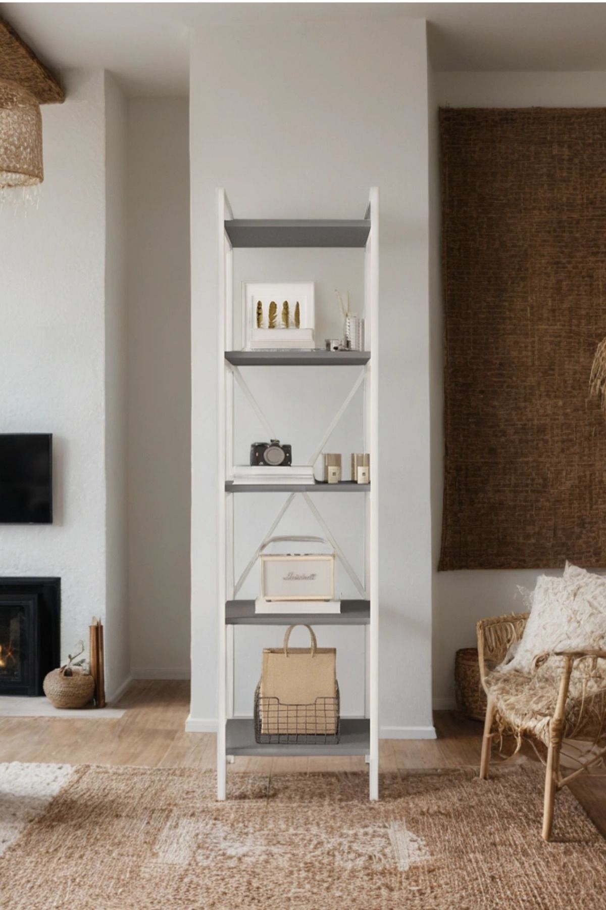 Mobitopya Nilamu 45 cm Metal Aksamlı Kitaplık | Ofis & Ev İçin Dekoratif Organizer Raf Sistemi 45x170x34 Cm Antrasit - Beyaz Demir