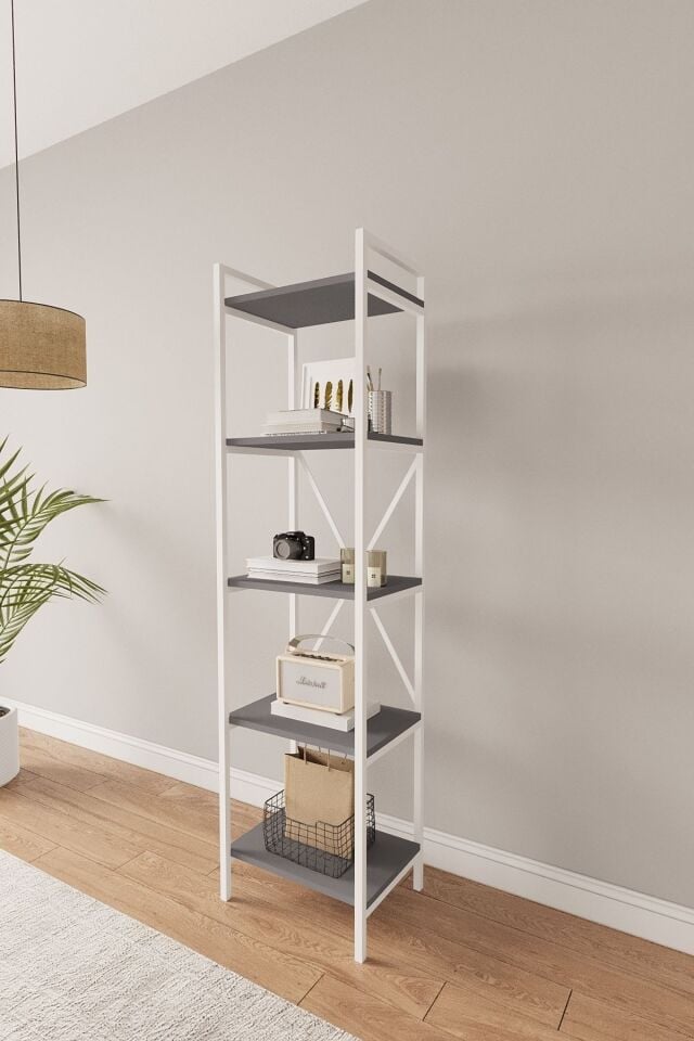 Mobitopya Nilamu 45 cm Metal Aksamlı Kitaplık | Ofis & Ev İçin Dekoratif Organizer Raf Sistemi 45x170x34 Cm Antrasit - Beyaz Demir