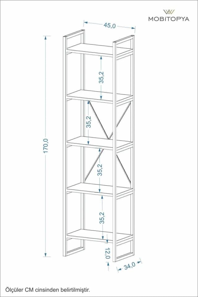 Mobitopya Nilamu 45 cm Metal Aksamlı Kitaplık | Ofis & Ev İçin Dekoratif Organizer Raf Sistemi 45x170x34 Cm Antrasit - Beyaz Demir