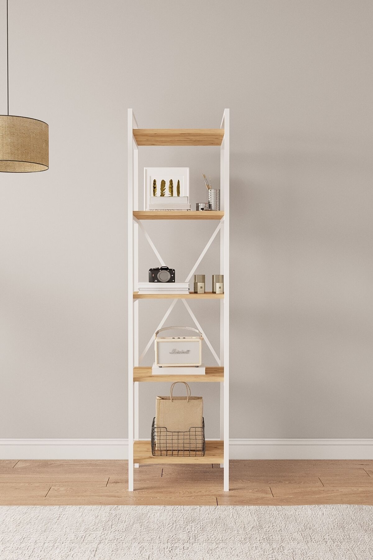 Mobitopya Nilamu 45 cm Metal Aksamlı Kitaplık | Ofis & Ev İçin Dekoratif Organizer Raf Sistemi 45x170x34 Cm Atlantik Çam - Beyaz Demir