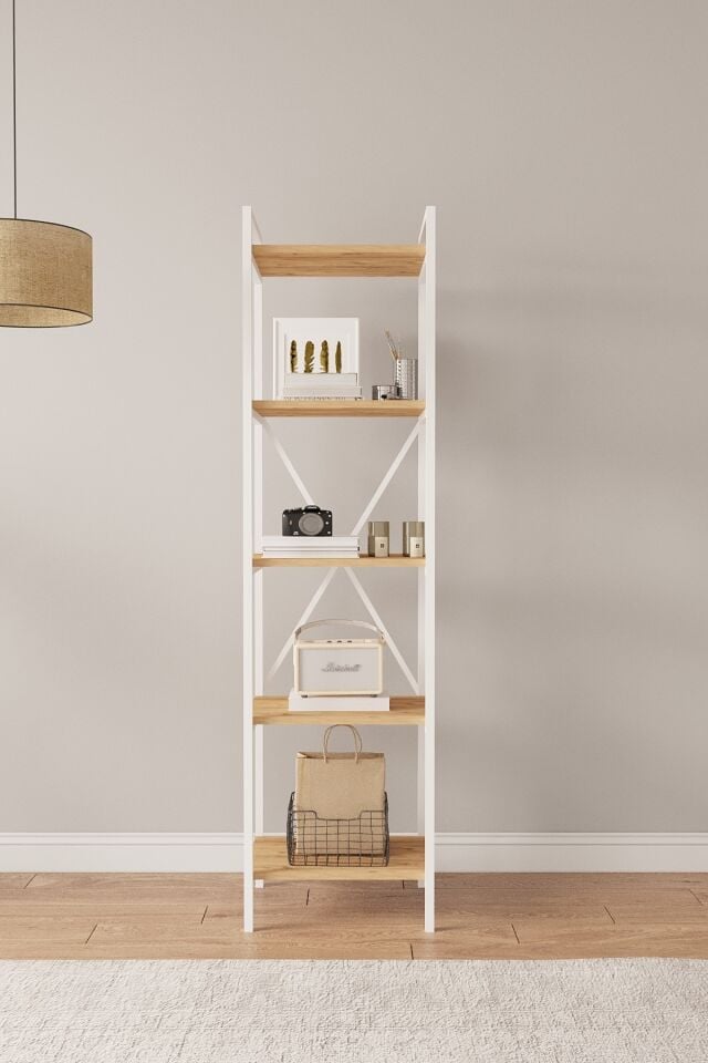 Mobitopya Nilamu 45 cm Metal Aksamlı Kitaplık | Ofis & Ev İçin Dekoratif Organizer Raf Sistemi 45x170x34 Cm Atlantik Çam - Beyaz Demir