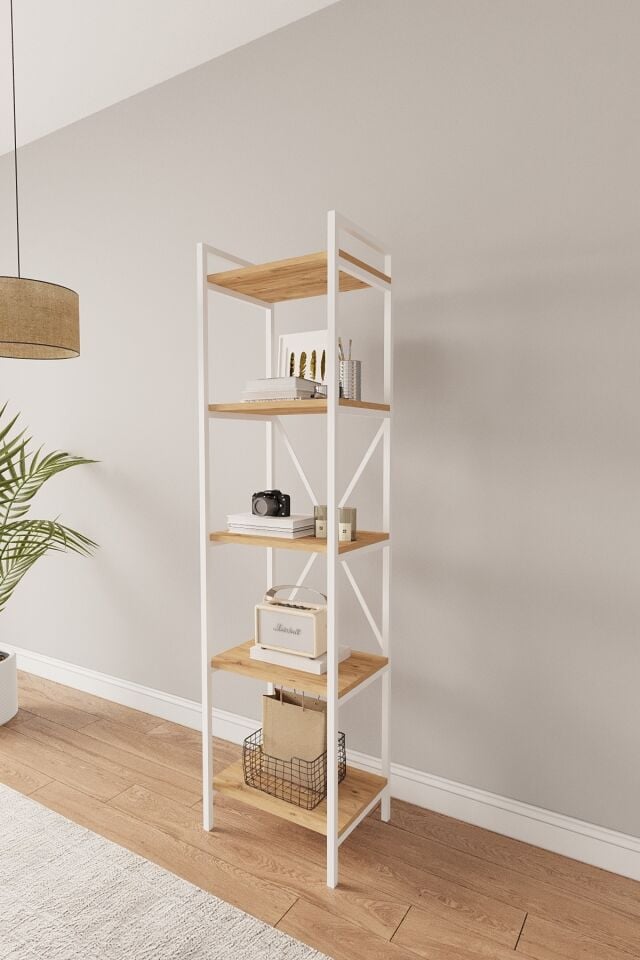 Mobitopya Nilamu 45 cm Metal Aksamlı Kitaplık | Ofis & Ev İçin Dekoratif Organizer Raf Sistemi 45x170x34 Cm Atlantik Çam - Beyaz Demir