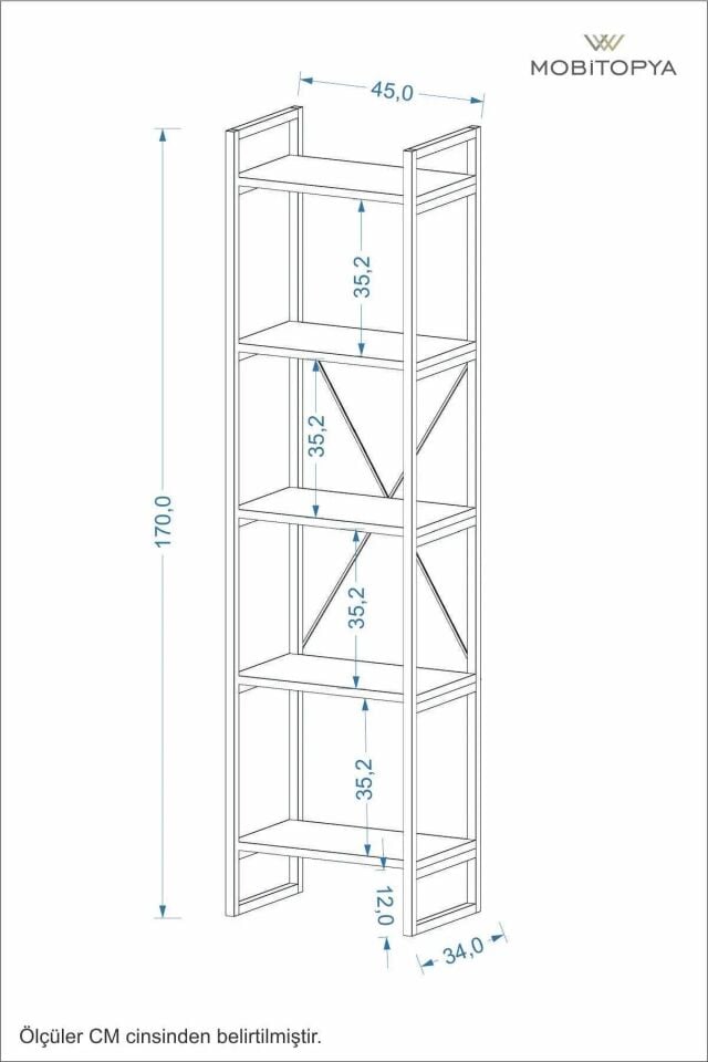 Mobitopya Nilamu 45 cm Metal Aksamlı Kitaplık | Ofis & Ev İçin Dekoratif Organizer Raf Sistemi 45x170x34 Cm Atlantik Çam - Beyaz Demir