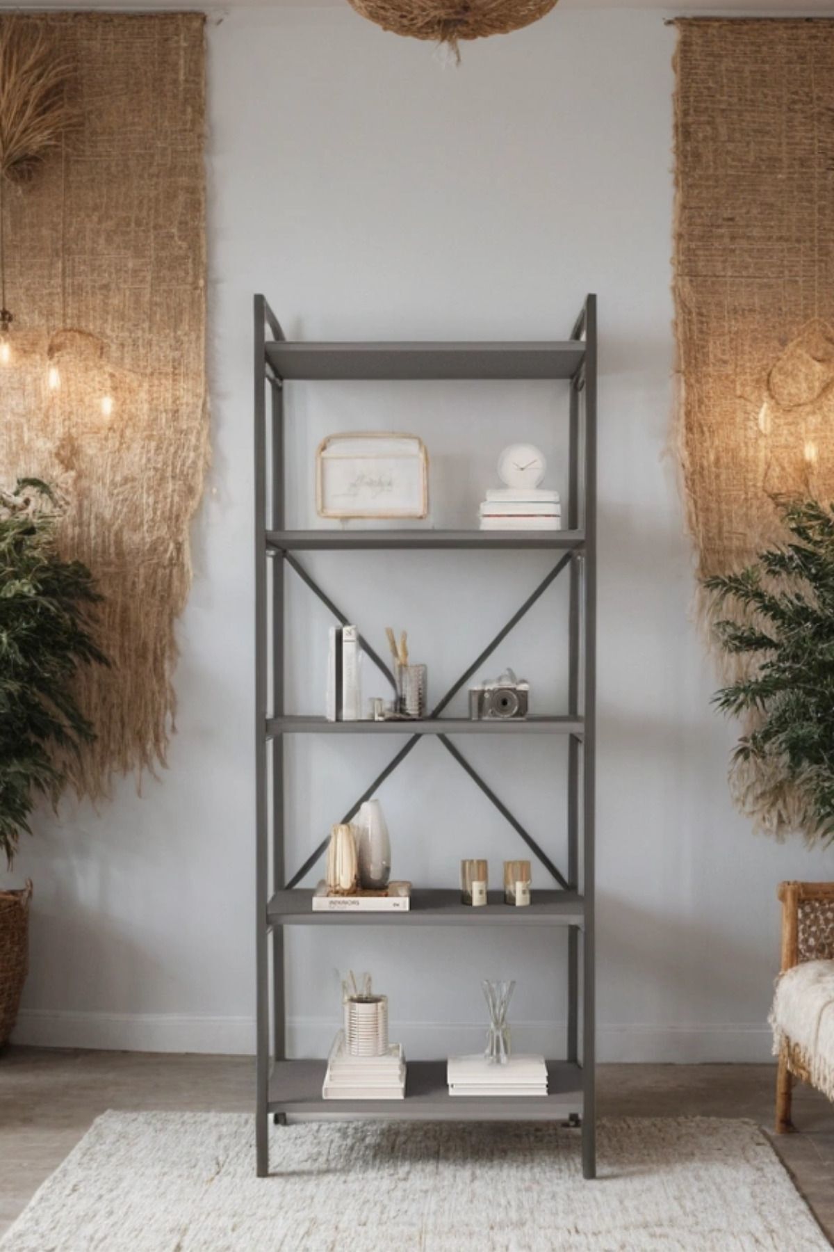 Nilamu 65 cm Metal Aksamlı Kitaplık | Ofis & Ev İçin Dekoratif Organizer Raf Sistemi Antrasit