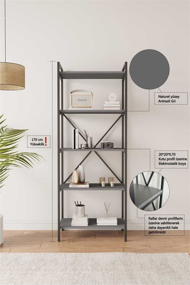 Nilamu 65 cm Metal Aksamlı Kitaplık | Ofis & Ev İçin Dekoratif Organizer Raf Sistemi Antrasit