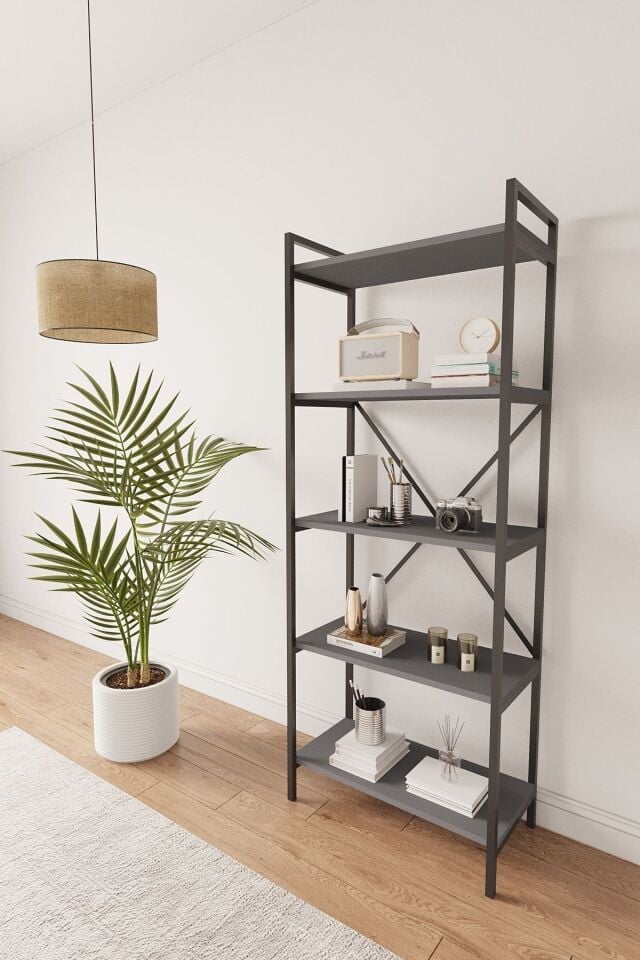 Mobitopya Nilamu 65 cm Metal Aksamlı Kitaplık | Ofis & Ev İçin Dekoratif Organizer Raf Sistemi Antrasit - Siyah Demir