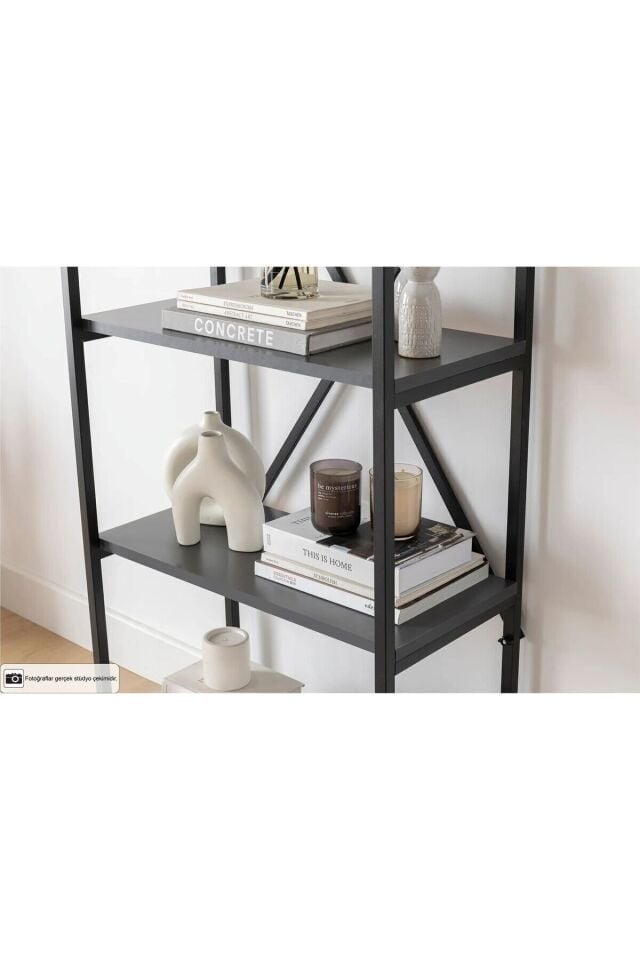 Mobitopya Nilamu 65 cm Metal Aksamlı Kitaplık | Ofis & Ev İçin Dekoratif Organizer Raf Sistemi Antrasit - Siyah Demir