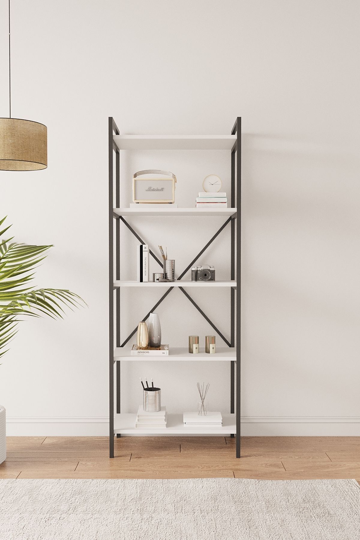 Mobitopya Nilamu 65 cm Metal Aksamlı Kitaplık | Ofis & Ev İçin Dekoratif Organizer Raf Sistemi Beyaz - Siyah Demir