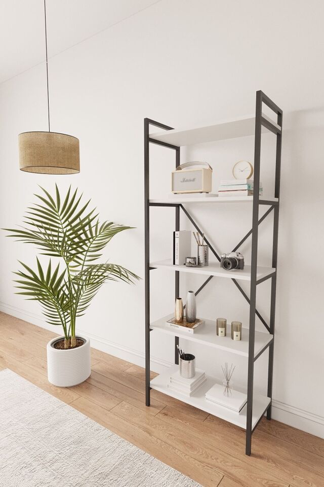 Mobitopya Nilamu 65 cm Metal Aksamlı Kitaplık | Ofis & Ev İçin Dekoratif Organizer Raf Sistemi Beyaz - Siyah Demir