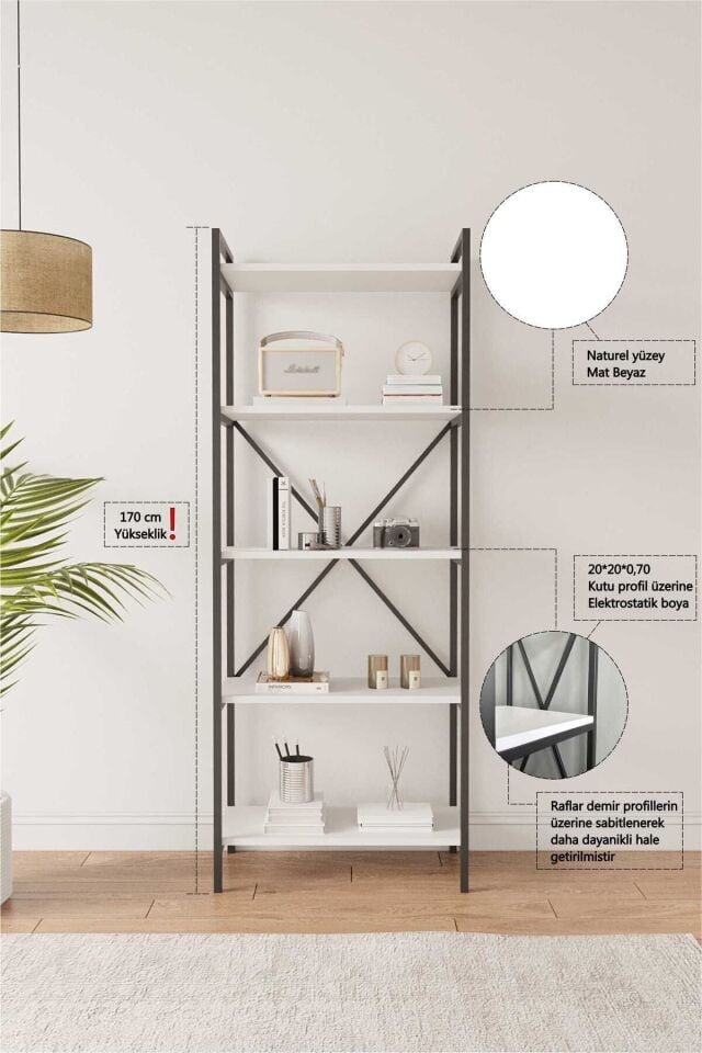 Mobitopya Nilamu 65 cm Metal Aksamlı Kitaplık | Ofis & Ev İçin Dekoratif Organizer Raf Sistemi Beyaz - Siyah Demir