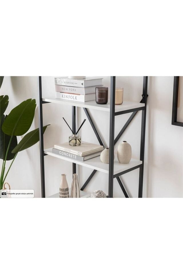 Mobitopya Nilamu 65 cm Metal Aksamlı Kitaplık | Ofis & Ev İçin Dekoratif Organizer Raf Sistemi Beyaz - Siyah Demir