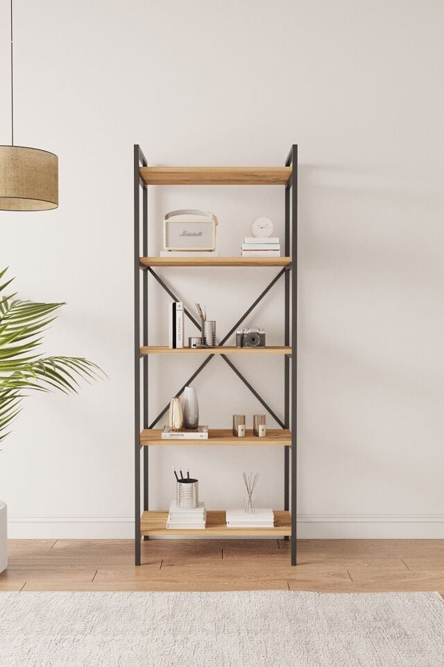 Mobitopya Nilamu 65 cm Metal Aksamlı Kitaplık | Ofis & Ev İçin Dekoratif Organizer Raf Sistemi Atlantik Çam - Siyah Demir