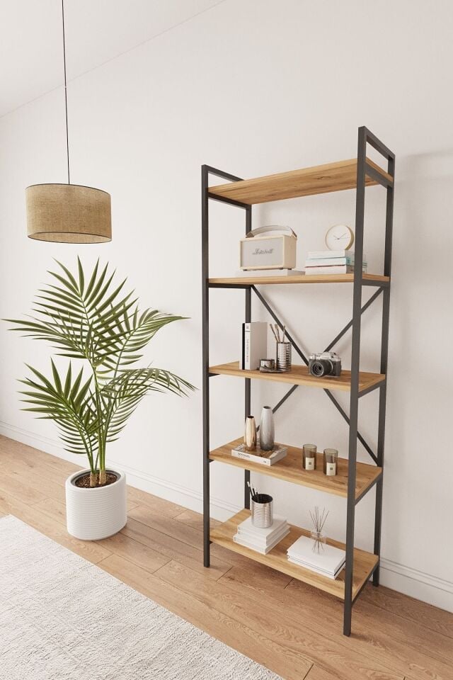 Mobitopya Nilamu 65 cm Metal Aksamlı Kitaplık | Ofis & Ev İçin Dekoratif Organizer Raf Sistemi Atlantik Çam - Siyah Demir