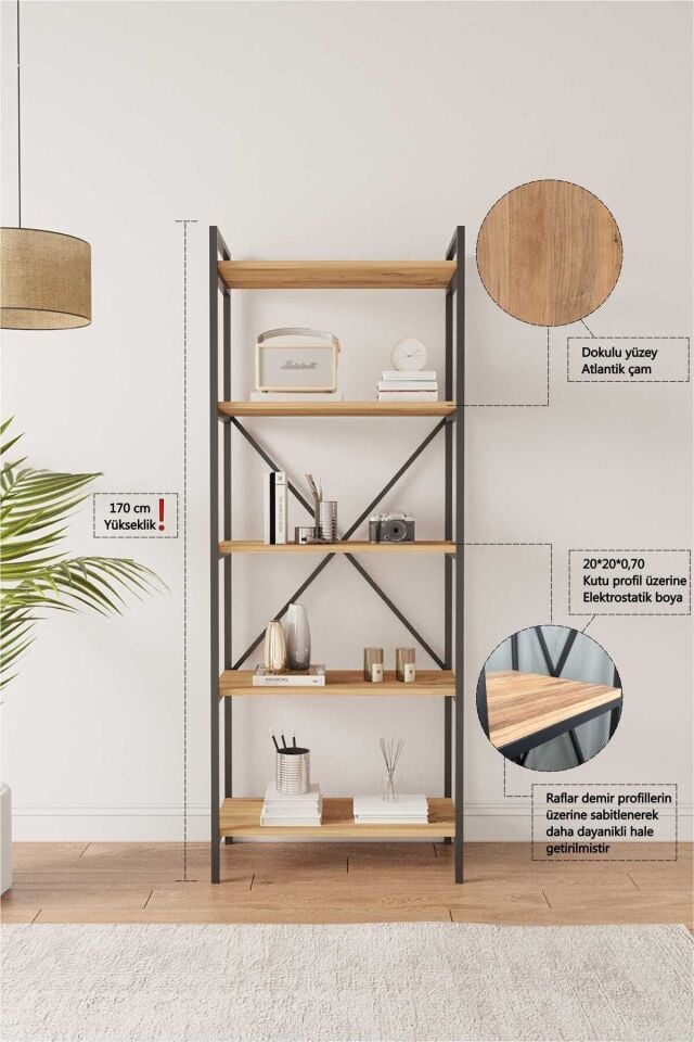 Mobitopya Nilamu 65 cm Metal Aksamlı Kitaplık | Ofis & Ev İçin Dekoratif Organizer Raf Sistemi Atlantik Çam - Siyah Demir