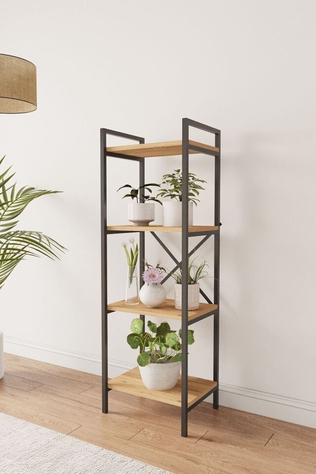 Mobitopya Nilamu Saksılık | 4 Raflı Metal Aksamlı Organizer | Ofis Ev Dekoratif 45×135×30 Cm Atlantik Çam - Siyah Demir