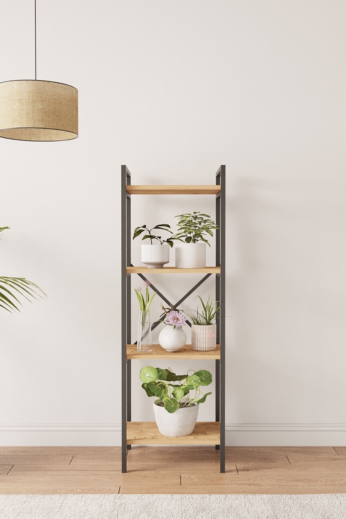 Mobitopya Nilamu Saksılık | 4 Raflı Metal Aksamlı Organizer | Ofis Ev Dekoratif 45×135×30 Cm Atlantik Çam - Siyah Demir