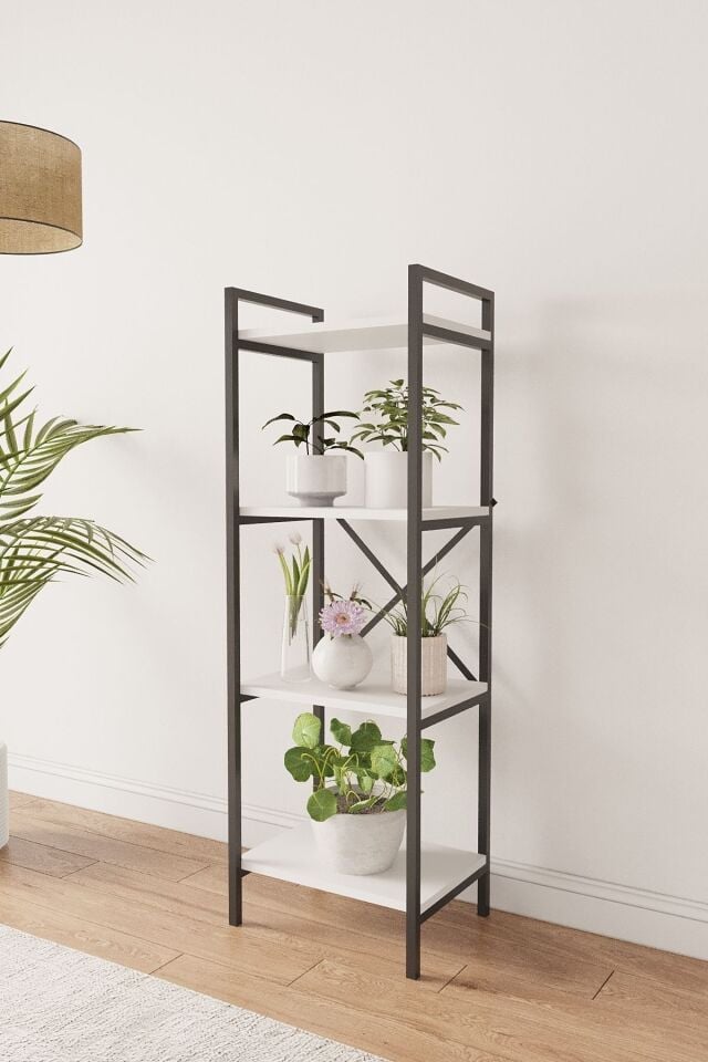 Mobitopya Nilamu Saksılık | 4 Raflı Metal Aksamlı Organizer | Ofis Ev Dekoratif 45×135×30 Cm Beyaz - Siyah Demir
